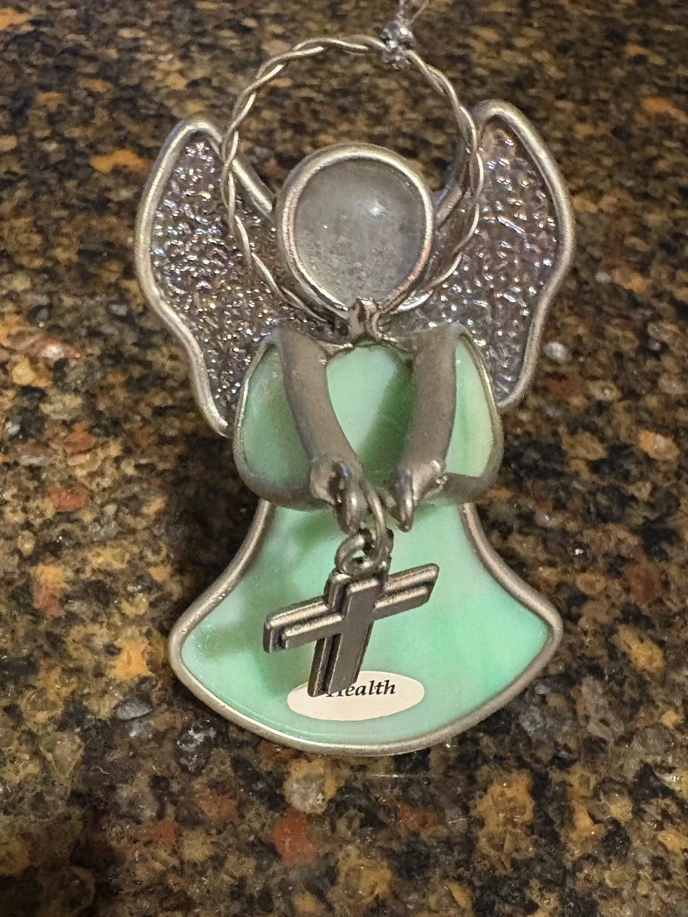 Ganz Green glass angel ornament with silver cross get well gift religious heal